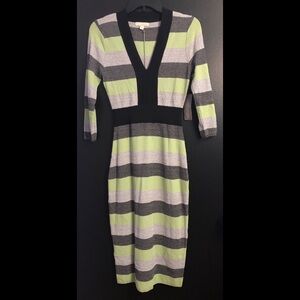 NY&Co 🔥 Striped V‑Neck Midi Dress in Lime, Gray & Black